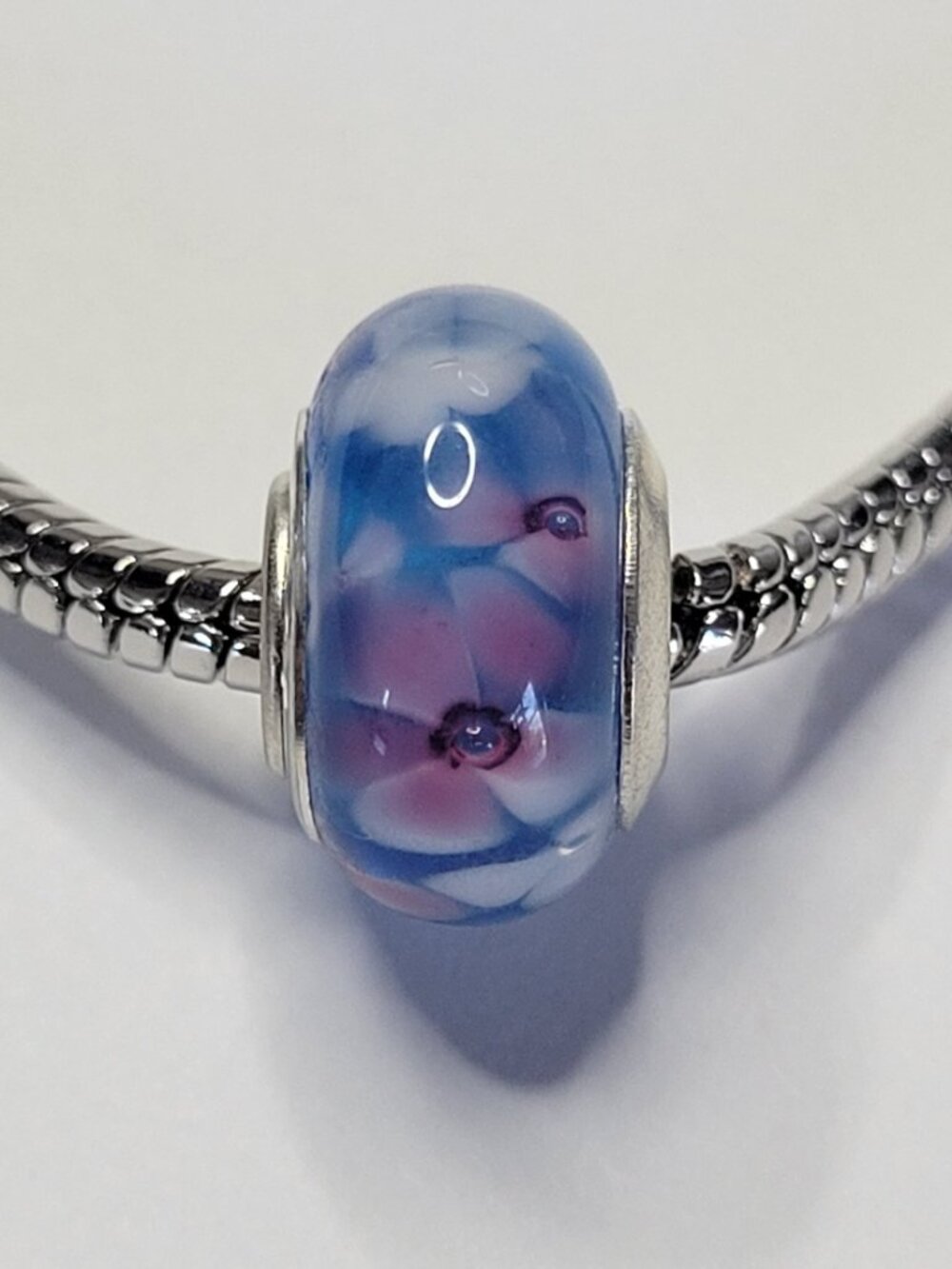 NWT Stunning S925 Blue Pink Purple Floral Murano Glass Charm Bead For Pandora